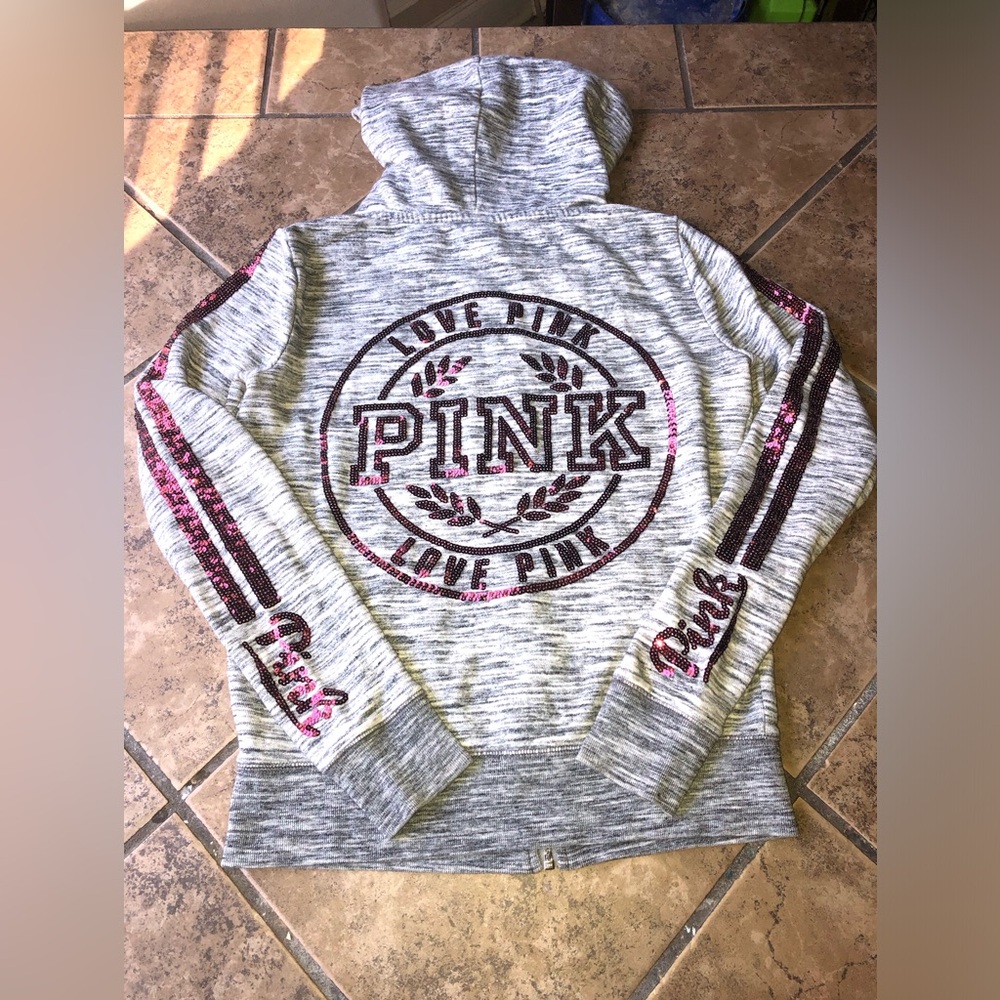 🩶PINK  Heather grey Zip up hoodie rare with Red Logo By Victoria’s Secret
